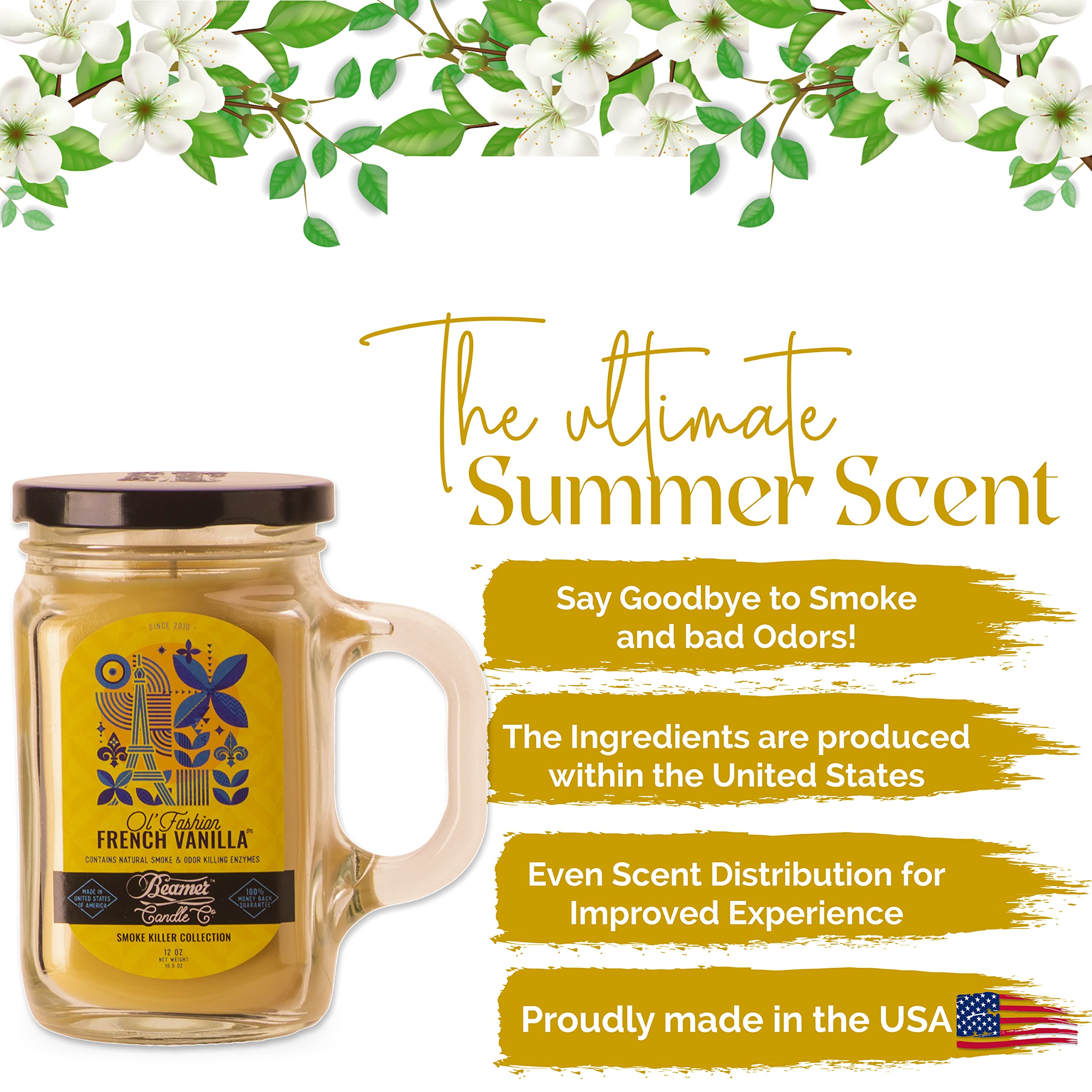 Beamer Candle Co. - French Vanilla Candle - Rich Creamy Vanilla Scent - Odor Eliminating - High Fragrance - Large 12oz Mason Jar